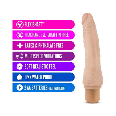 Beige realistic textured vibrator with flexible shaft, multispeed vibrations, waterproof design, and battery-operated base.