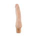 Beige realistic textured vibrating dildo with twist-dial base for adjustable intensity, standing upright on white background.
