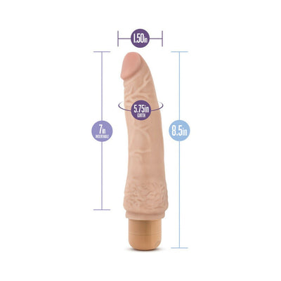 Beige realistic textured vibrating dildo with size dimensions and twist-dial base shown on white background.