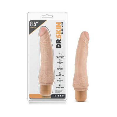 Beige 8.5-inch realistic textured vibrating dildo with twist-dial base, shown in and out of packaging.