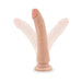 Slim realistic dildo with veiny texture and suction cup base in natural skin tone shown with flexible movement demonstration.