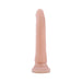 Slim realistic dildo in natural skin tone with suction cup base for hands-free use.