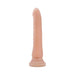 Slim realistic dildo with veined texture and suction cup base in natural skin tone, upright on white background.