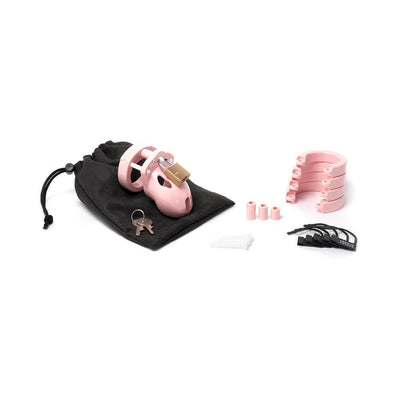 Pink male chastity device kit with adjustable rings, brass lock, keys, locking pins, and black storage pouch on white background.
