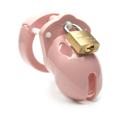 Pink male chastity device with brass lock on white background, sleek and vented design for comfort and hygiene.