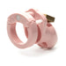 Pink male chastity device with locking mechanism and vented cage design on white background.