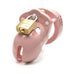 Pink male chastity device with brass lock and vented design for comfort and hygiene.