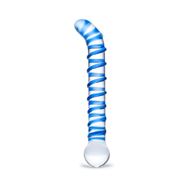 6.5-inch clear glass dildo with blue swirl design and curved tip for targeted stimulation.