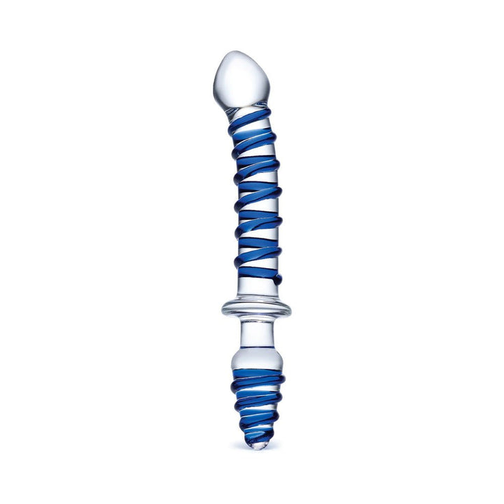 Clear glass double-ended dildo and plug with blue spiral accents and smooth tapered ends for versatile use.