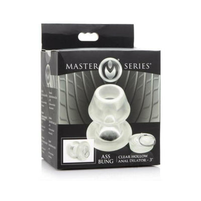 Packaging box of Master Series Ms Clear Hollow Anal Dilator showing transparent hollow anal plug with removable base plug.