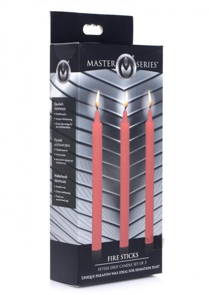 Packaging of Ms Fire Stick Fetish Candles 3pc showing three lit red drip candles designed for sensation play.