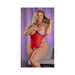 Plus size model wearing red cupless and crotchless mesh teddy lingerie with strappy details against a purple backdrop