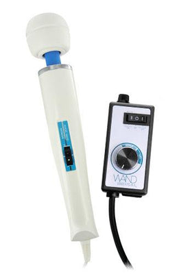 White wand massager with attached black multi-function variable speed controller and dial knob.