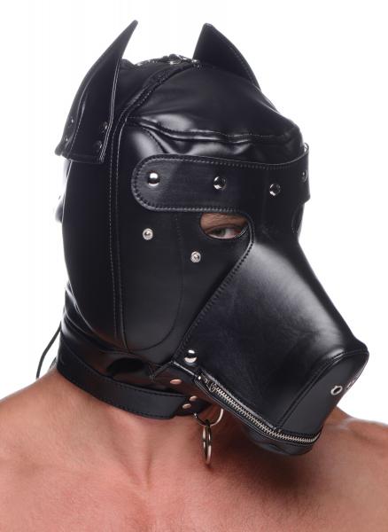 Black PU leather BDSM hood with removable muzzle, dog ears, and adjustable collar for sensory play and puppy roleplay.