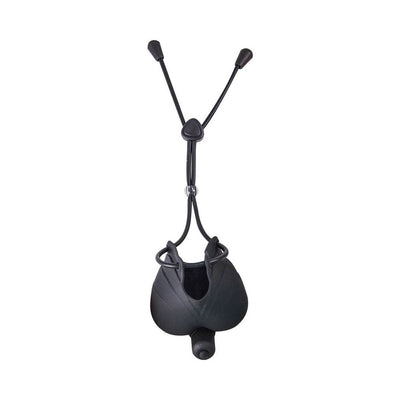 Black silicone vibrating cock ring with adjustable scrotum pouch and cinch cord.