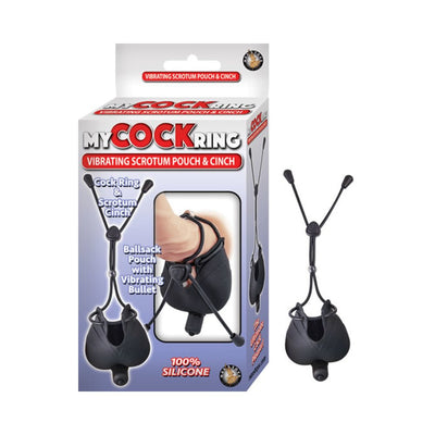 Black silicone vibrating cock ring and scrotum pouch with adjustable cinch, shown with packaging and product detail.