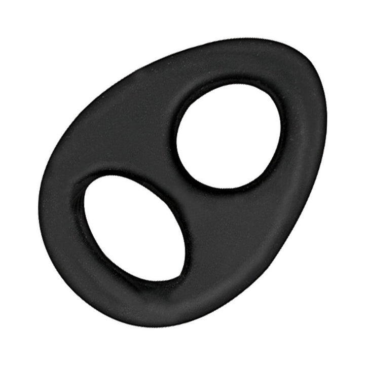 Black silicone double ring designed for simultaneous cock and scrotum support and enhancement.