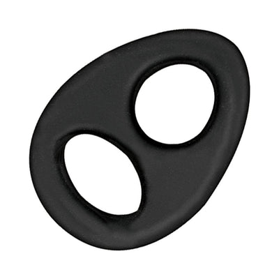 Black silicone double ring designed for simultaneous cock and scrotum support and enhancement.