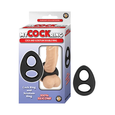 Black silicone double ring designed for cock and scrotum support shown with packaging and on model.