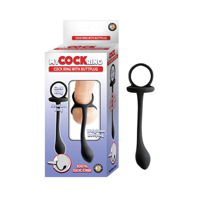 Black silicone cock ring with scrotum ring and weighted butt plug shown next to its packaging box.