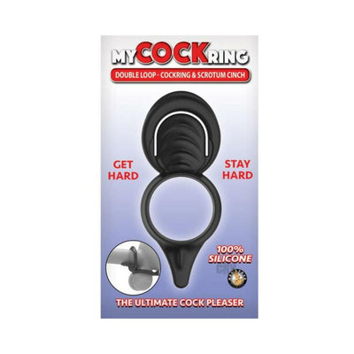 Black double loop silicone cockring and scrotum cinch designed for enhanced firmness and comfort.