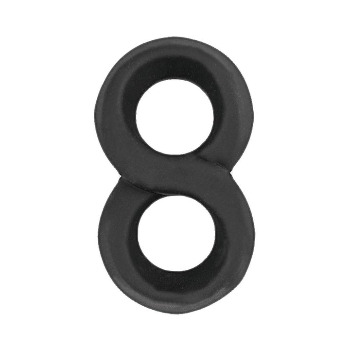 Black silicone figure eight dual ring designed for simultaneous cock and scrotum support and stimulation.