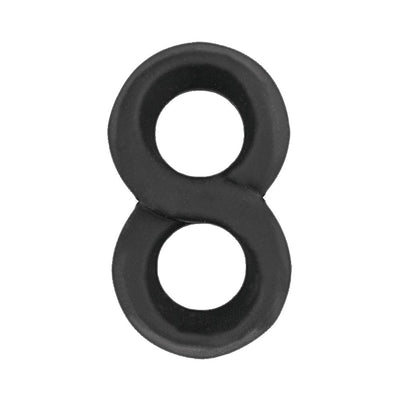 Black silicone figure eight dual ring designed for simultaneous cock and scrotum support and stimulation.
