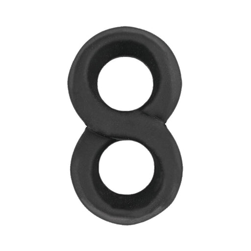 Black silicone figure eight dual ring designed for simultaneous cock and scrotum support and stimulation.