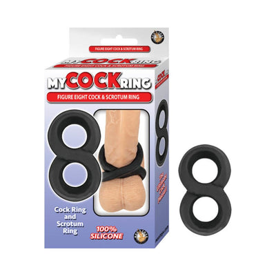 Black figure eight silicone cock and scrotum ring shown on packaging and separately.