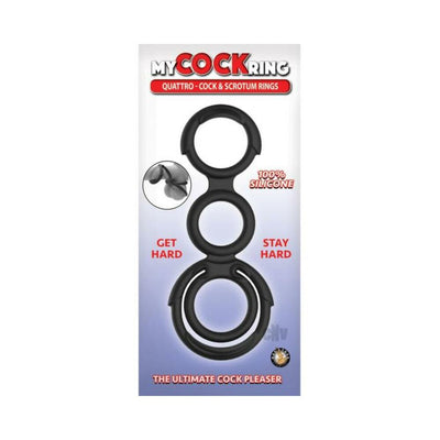 Black silicone Quattro cock and scrotum ring set in retail packaging with product features and branding.