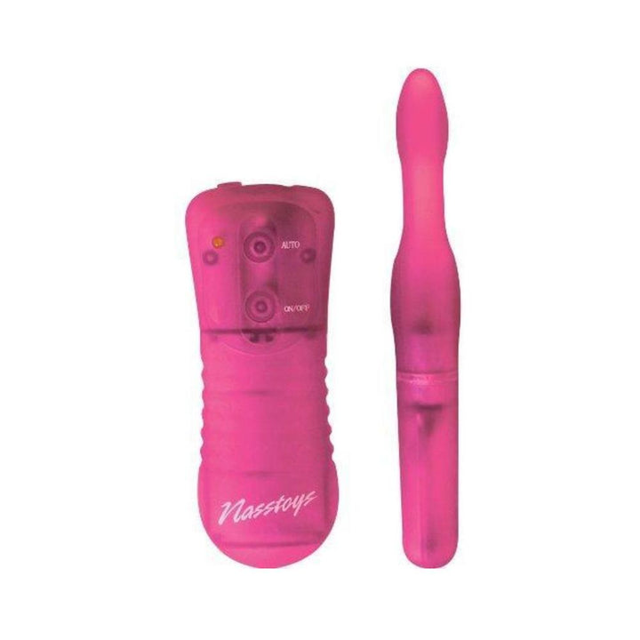 Pink slender beginner anal wand with remote control featuring multiple settings and textured grip.