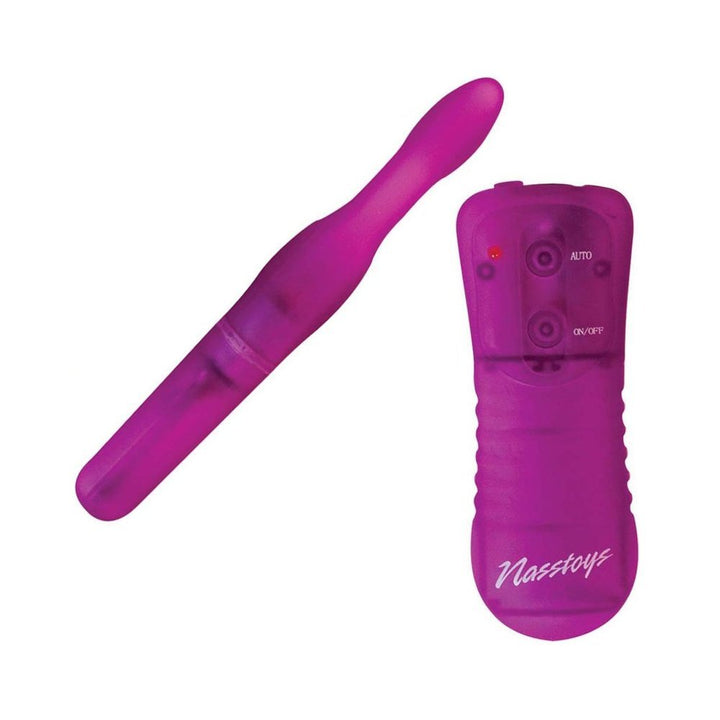 Purple slender beginner anal wand with remote control featuring multiple vibration settings.