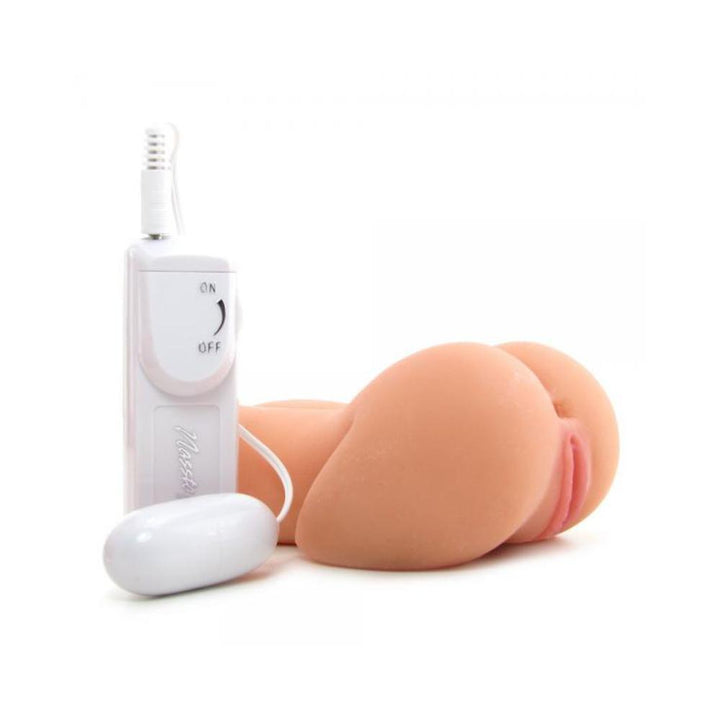 Compact dual-entry ivory masturbator with remote-controlled vibrating bullet for customizable pleasure.