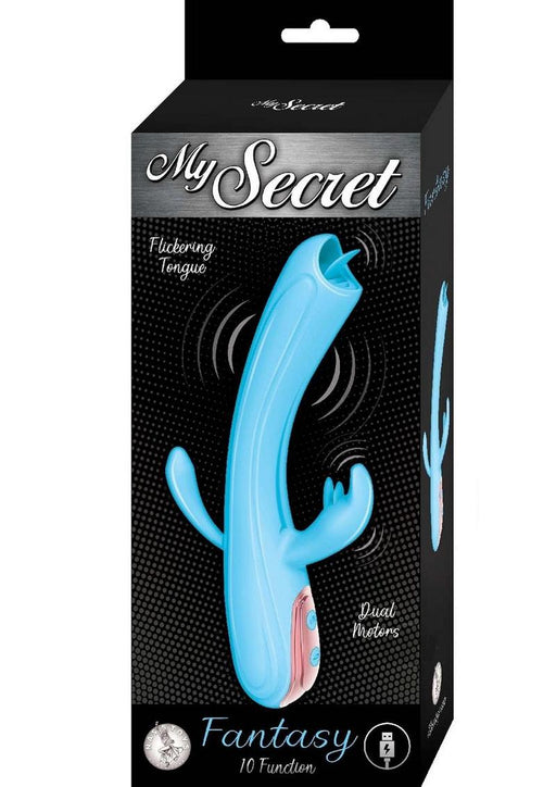 Blue My Secret Fantasy dual motor vibrator with flickering tongue and USB rechargeable feature shown on packaging.