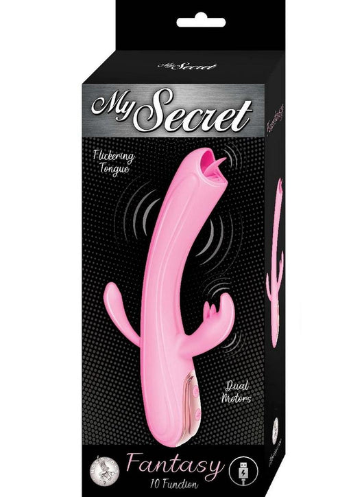 Pink My Secret Fantasy vibrator with flickering tongue and dual motors shown on black packaging with silver and pink text.