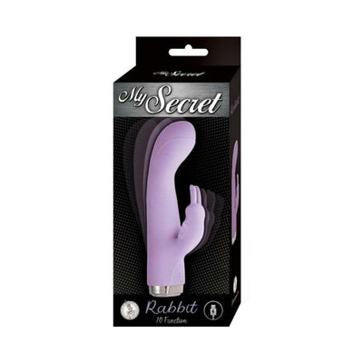 Packaging of My Secret Rabbit vibrator in lavender, highlighting its ergonomic design and dual stimulation features.