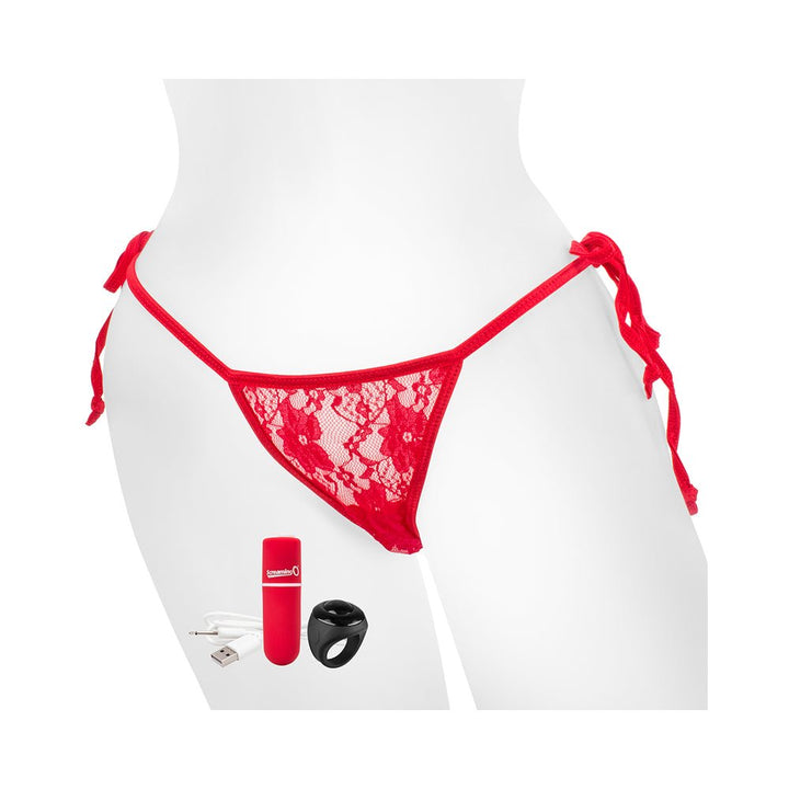 Red lace side-tie vibrating panty with USB rechargeable bullet, remote control ring, and charging cable displayed on mannequin.