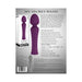 Purple silicone wand vibrator with flexible head, art deco handle, and packaging showing product features and charging instructions.