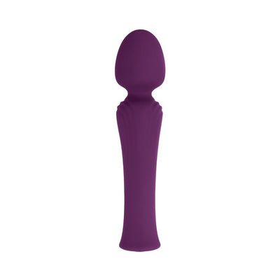 Purple silicone wand vibrator with flexible head and textured handle for comfortable grip.