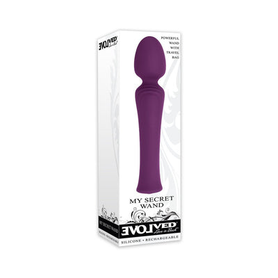 Purple silicone My Secret Wand vibrator displayed on white packaging with black decorative accents and product details.