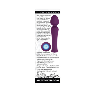 Purple silicone wand vibrator with flexible head, 7 vibration modes, blue LED button, and art deco handle design.