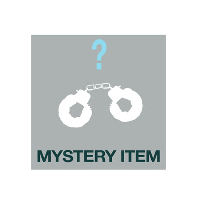 Gray square with white fuzzy handcuffs and a blue question mark above, labeled mystery item bondage product.