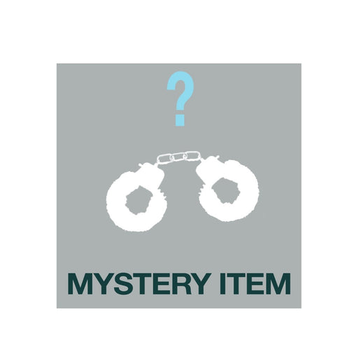 Gray square with white fuzzy handcuffs and a blue question mark above, labeled mystery item bondage product.