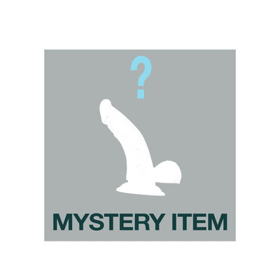 Silhouette of a dildo with a question mark above and text reading mystery item on gray background.