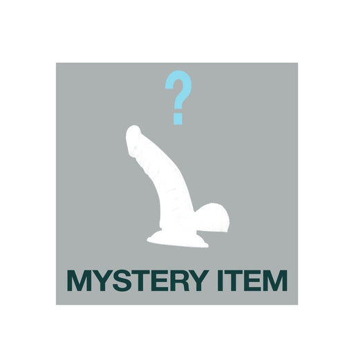 Silhouette of a dildo with a question mark above and text reading mystery item on gray background.