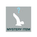 Silhouette of a dildo with a question mark above and text reading mystery item on gray background.
