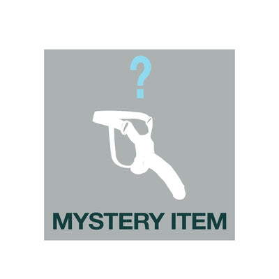 Silhouette of a strap-on with a question mark above and text reading Mystery Item on gray background.