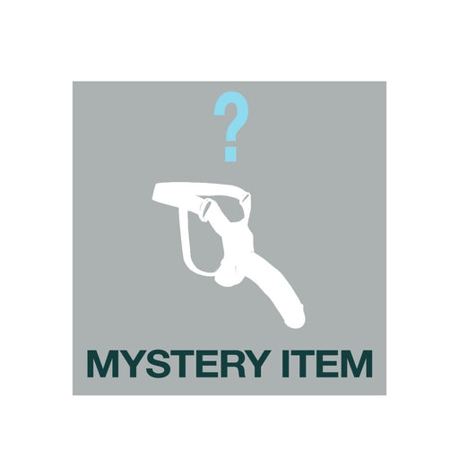Silhouette of a strap-on with a question mark above and text reading Mystery Item on gray background.