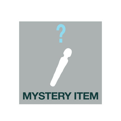 Silhouette of a vibrator with a question mark above and text reading Mystery Item on gray background.