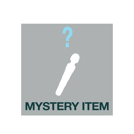 Silhouette of a vibrator with a question mark above and text reading Mystery Item on gray background.